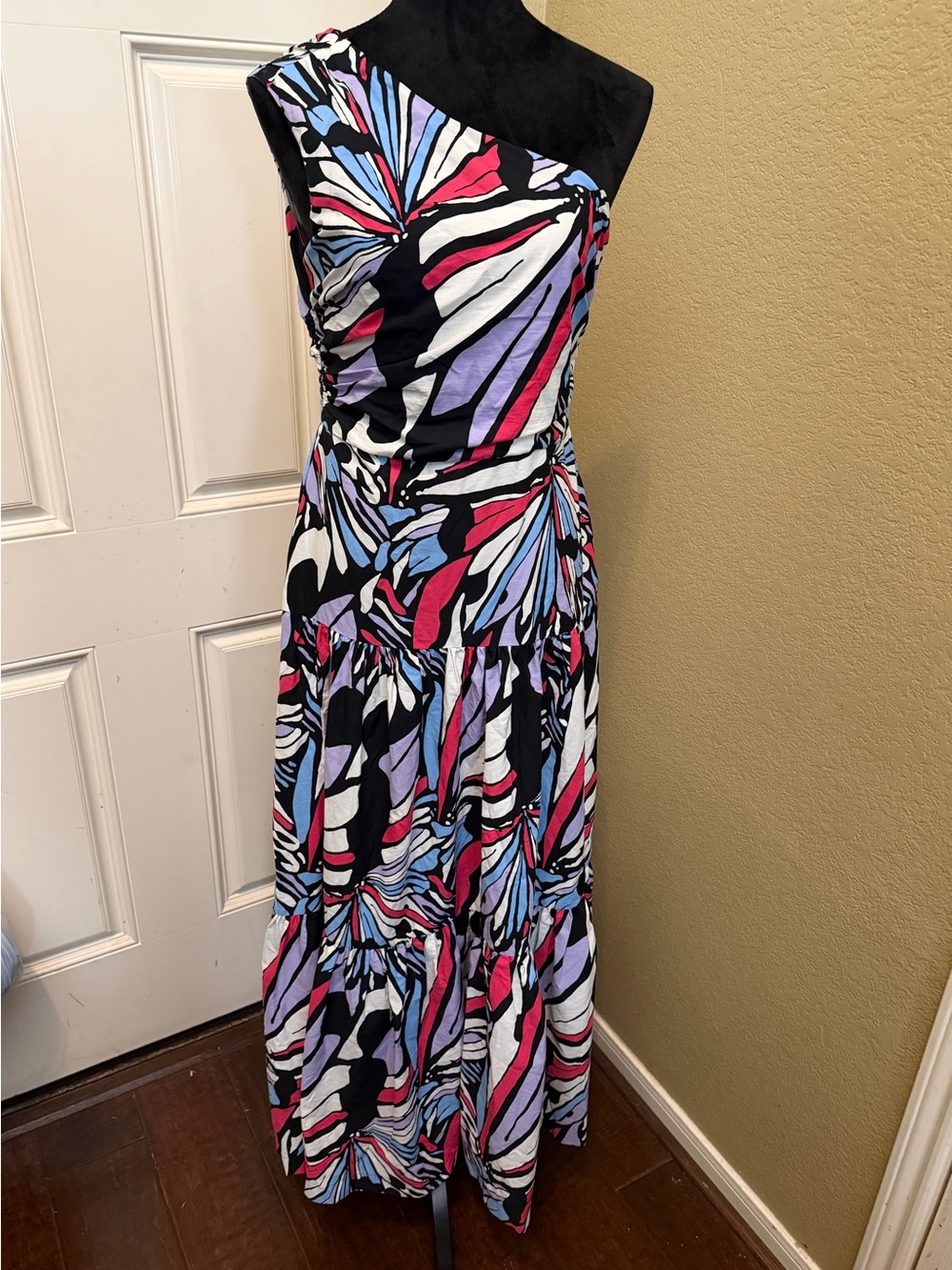 Maeve One-Shoulder Abstract Printed Maxi Dress in Black, Pink & Blue